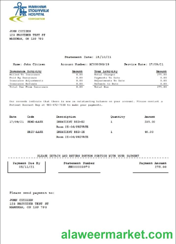 Canada Markham Stouffville Hospital medical insurance statement template in .doc and .pdf format